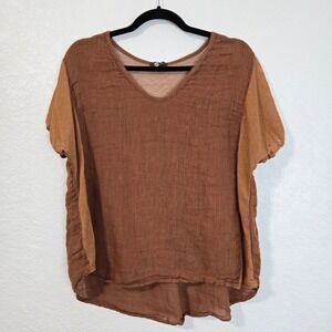 Italian Linen Tunic Top V Neck Brown Color Block Short Sleeve M